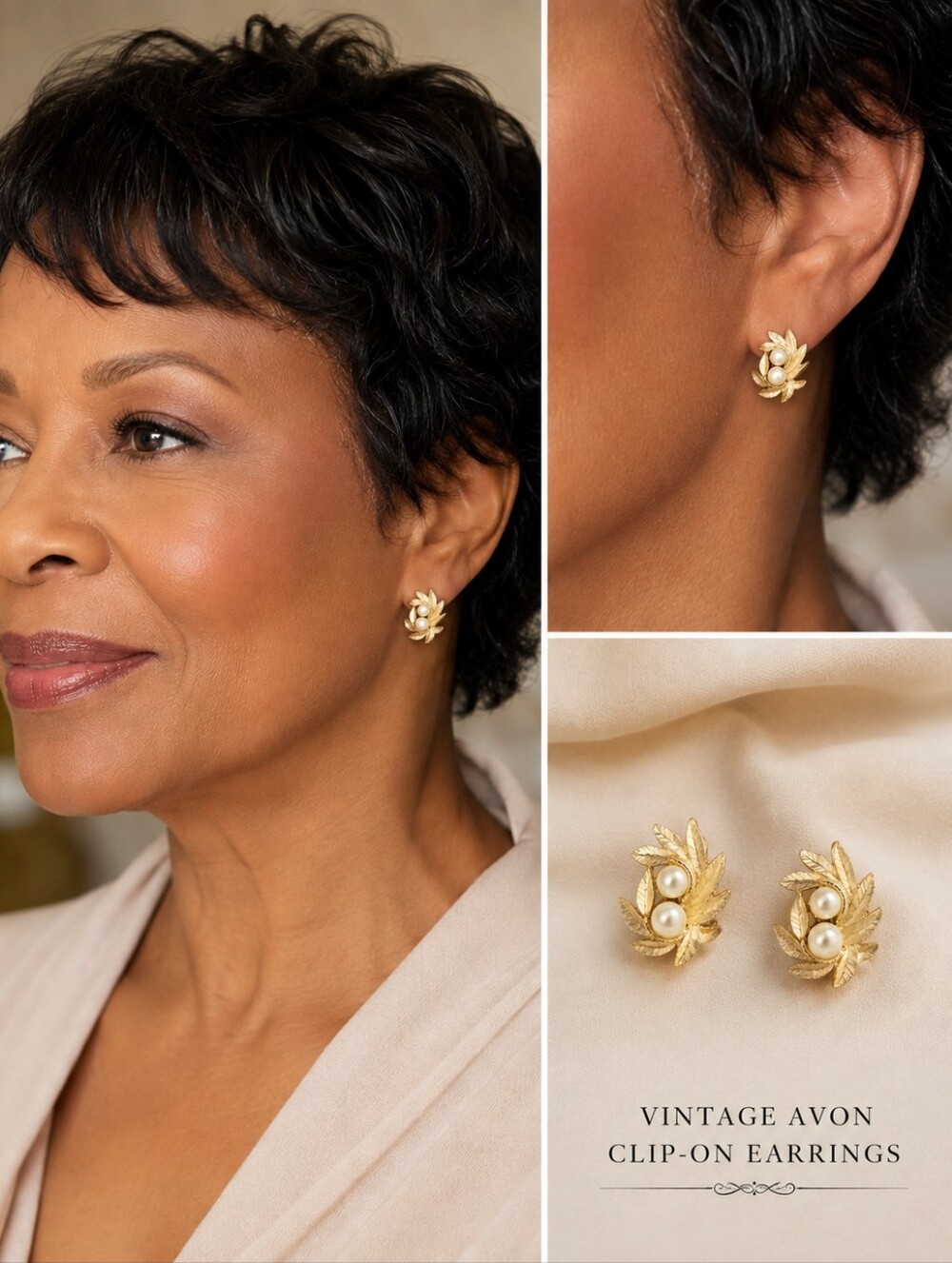 Vintage Avon Gold Pearl Leaf Clip-On Earrings